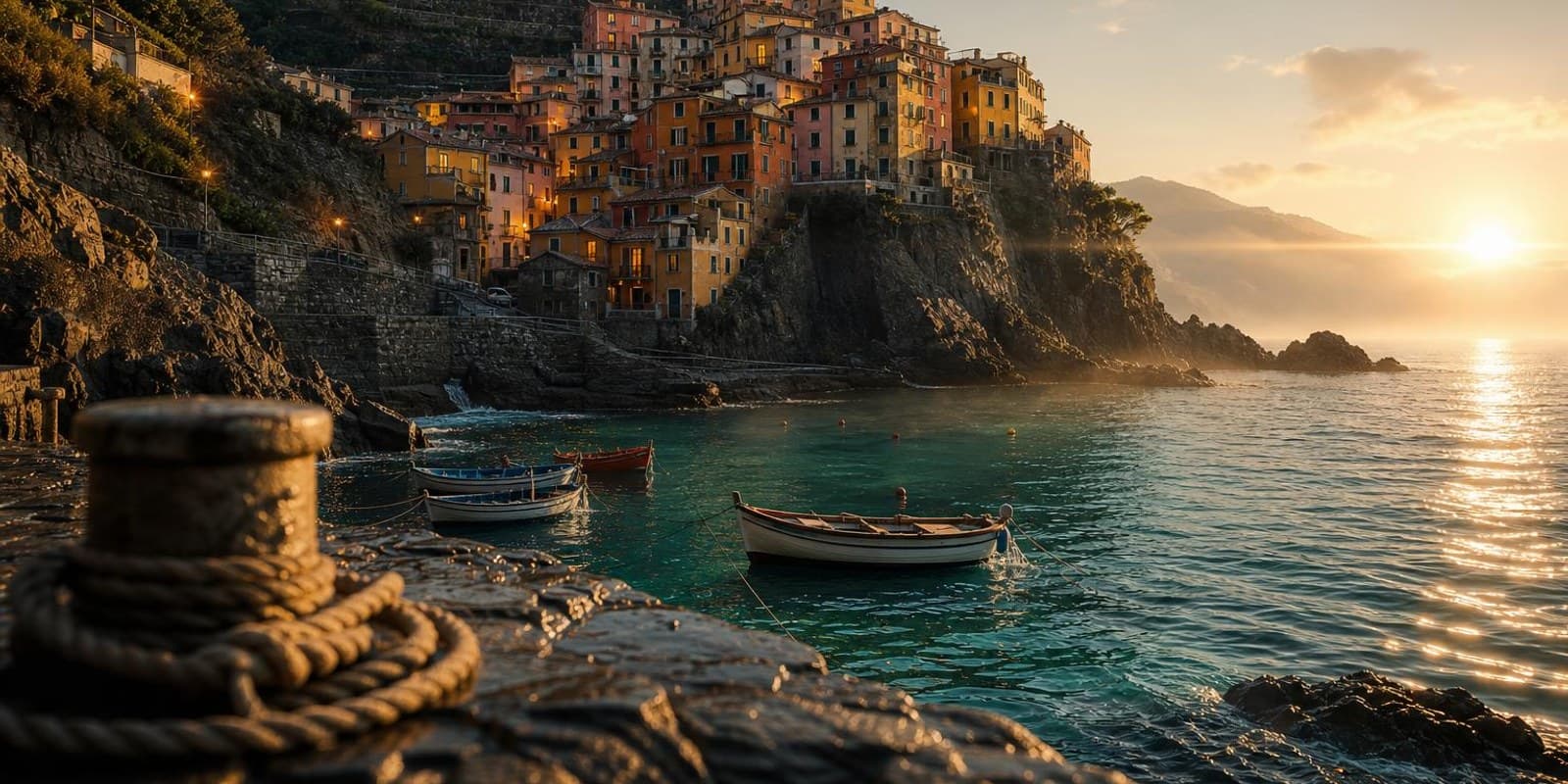 Buntes Cinque-Terre-Dorf auf einem Felsvorsprung ueber dem Meer im Abendlicht.