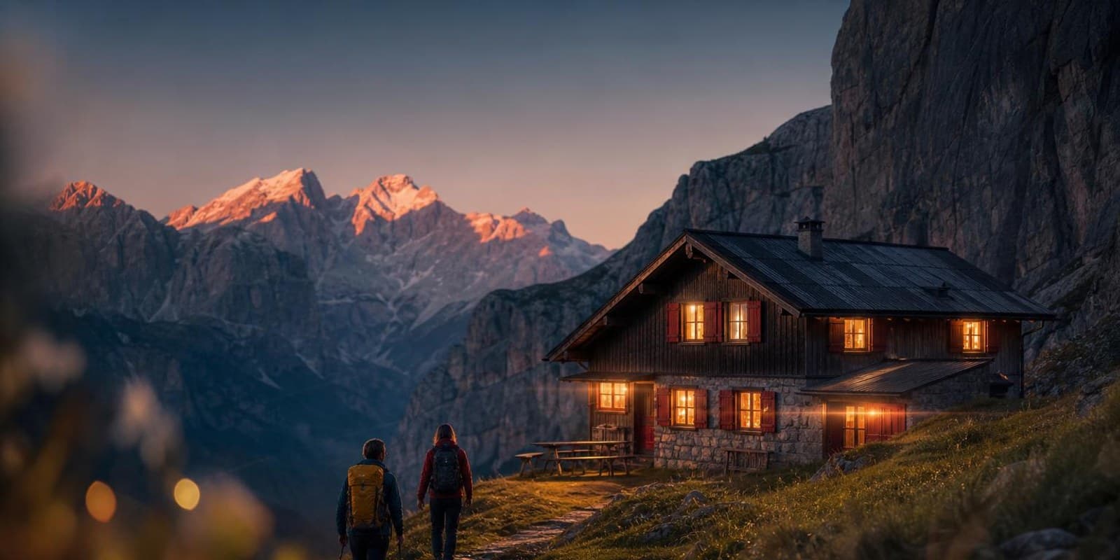Wanderer erreichen am Abend eine Berghuette unter hellen Felswaenden der Dolomiten.