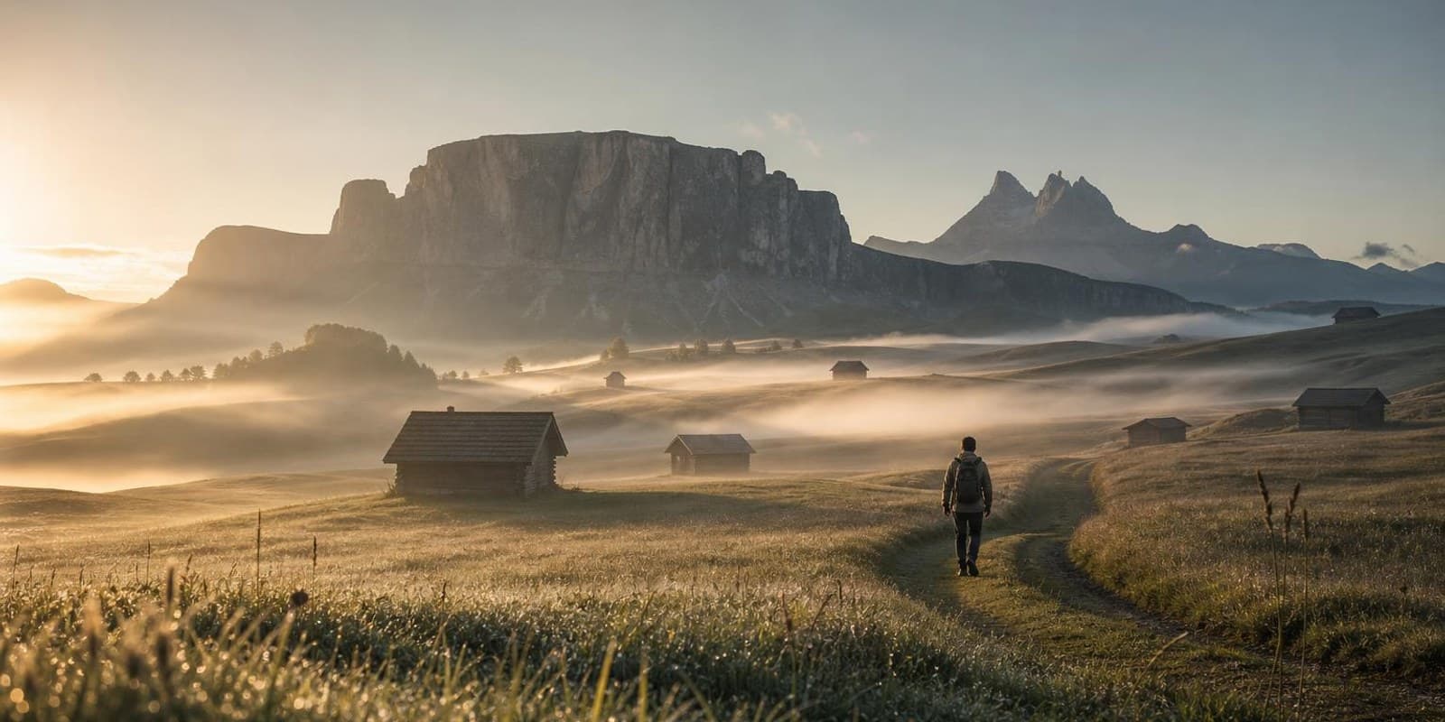 Weites Wiesenmeer der Seiser Alm mit Holzhuetten im Morgennebel vor den Bergen.