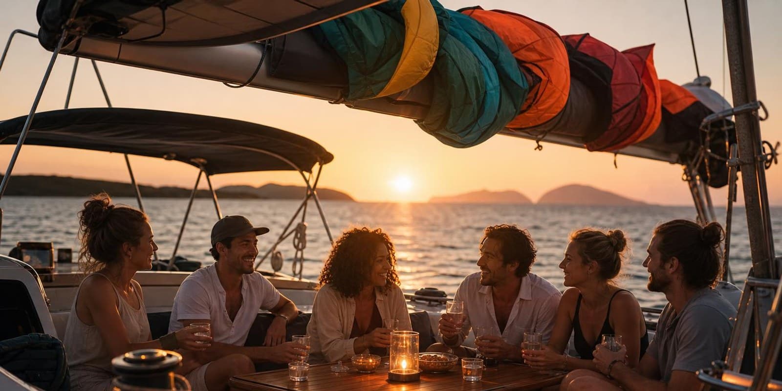 Freundesgruppe sitzt bei Sonnenuntergang auf dem Deck ihrer gecharterten Segelyacht.