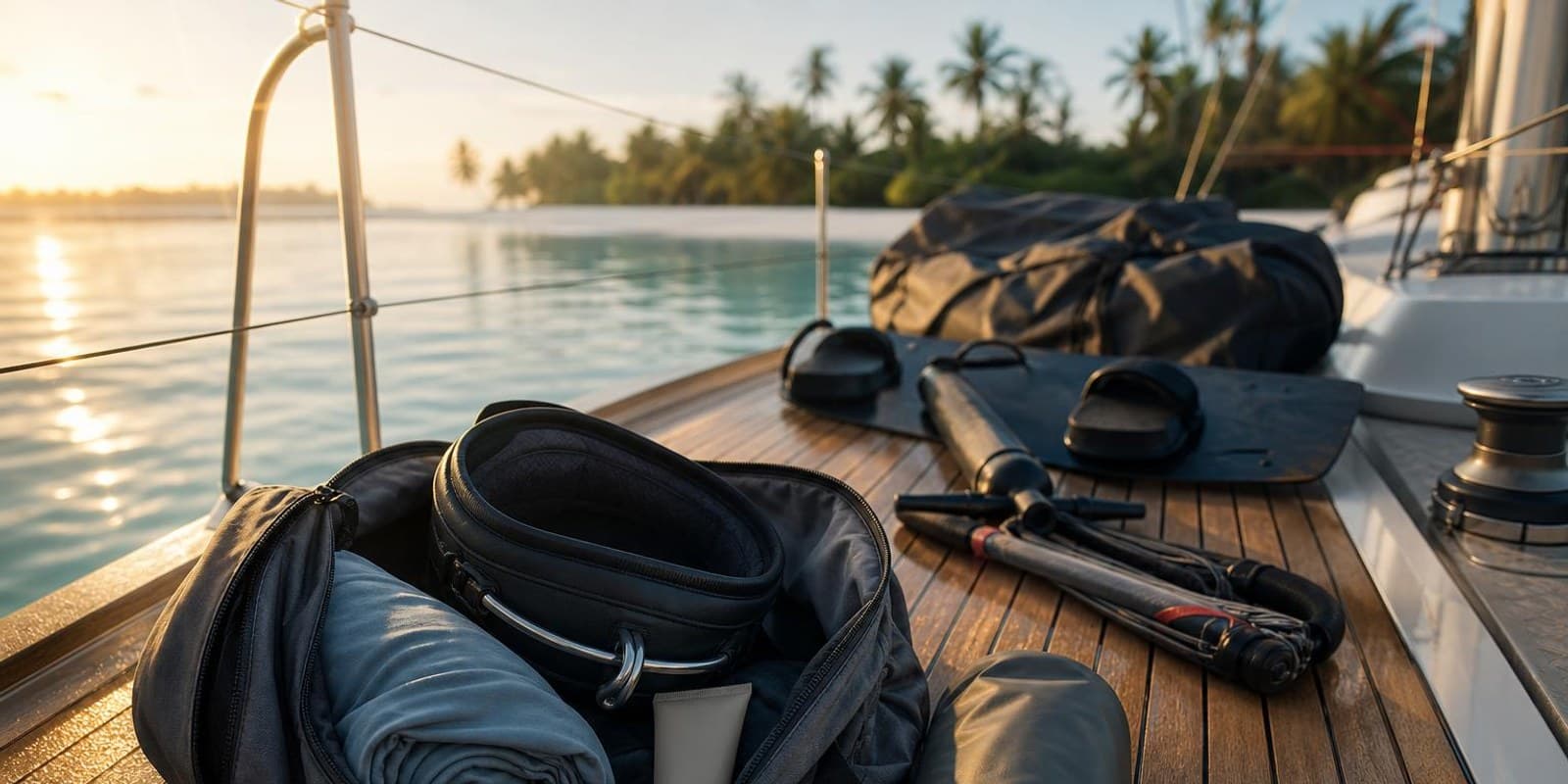 Weiche Reisetasche mit Kite-Ausruestung auf dem Deck einer ankernden Segelyacht.