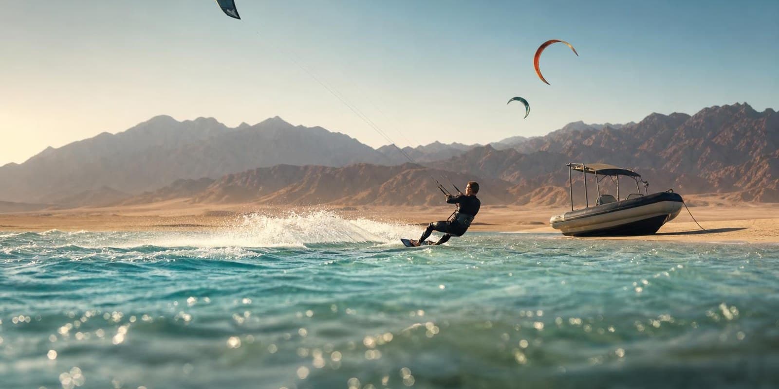 Safariboot ankert an einer Sandbank im Roten Meer, dahinter kreisen Kites vor Wuestenbergen.
