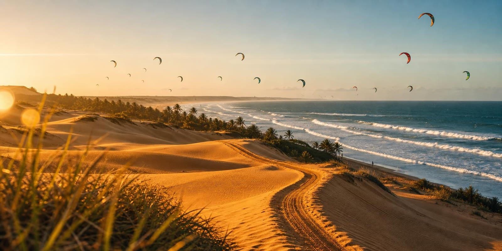Orange Duenen und Palmen am Atlantik, viele Kites im stetigen Passatwind ueber den Wellen.