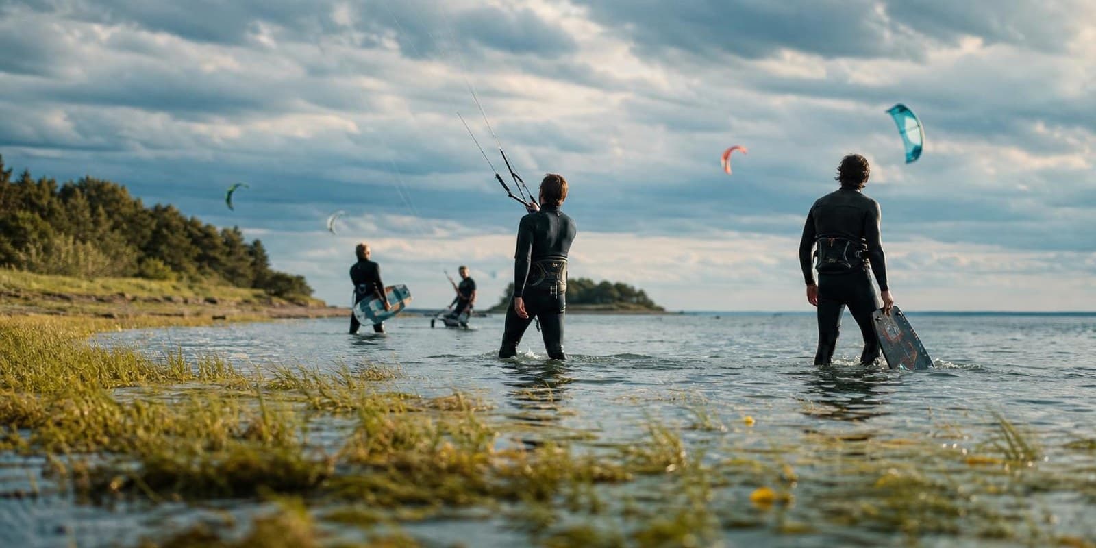Kitesurfer stehen im flachen Ostseewasser vor gruener Kueste unter weitem Wolkenhimmel.