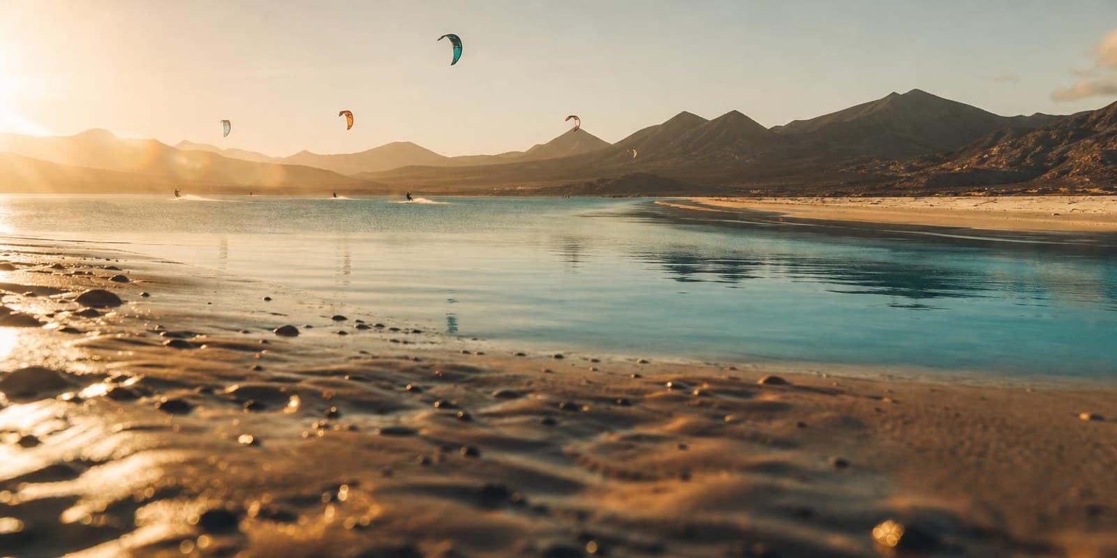 Riesige Gezeitenlagune mit Sandbank und Kites, dahinter karge Vulkanhuegel Fuerteventuras.