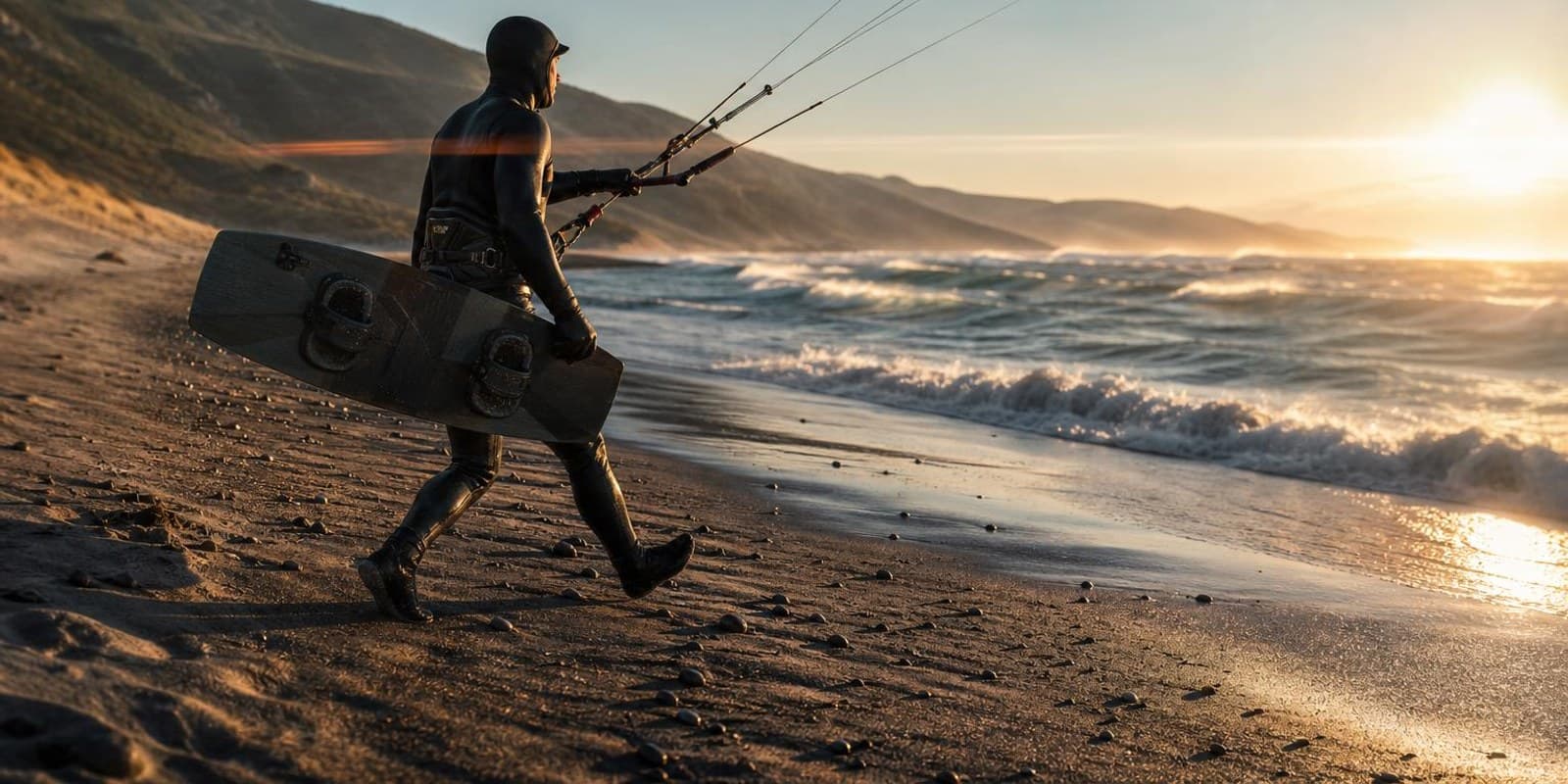 Kiter im dicken Winterneopren startet an einem menschenleeren Strand im tiefen Winterlicht.