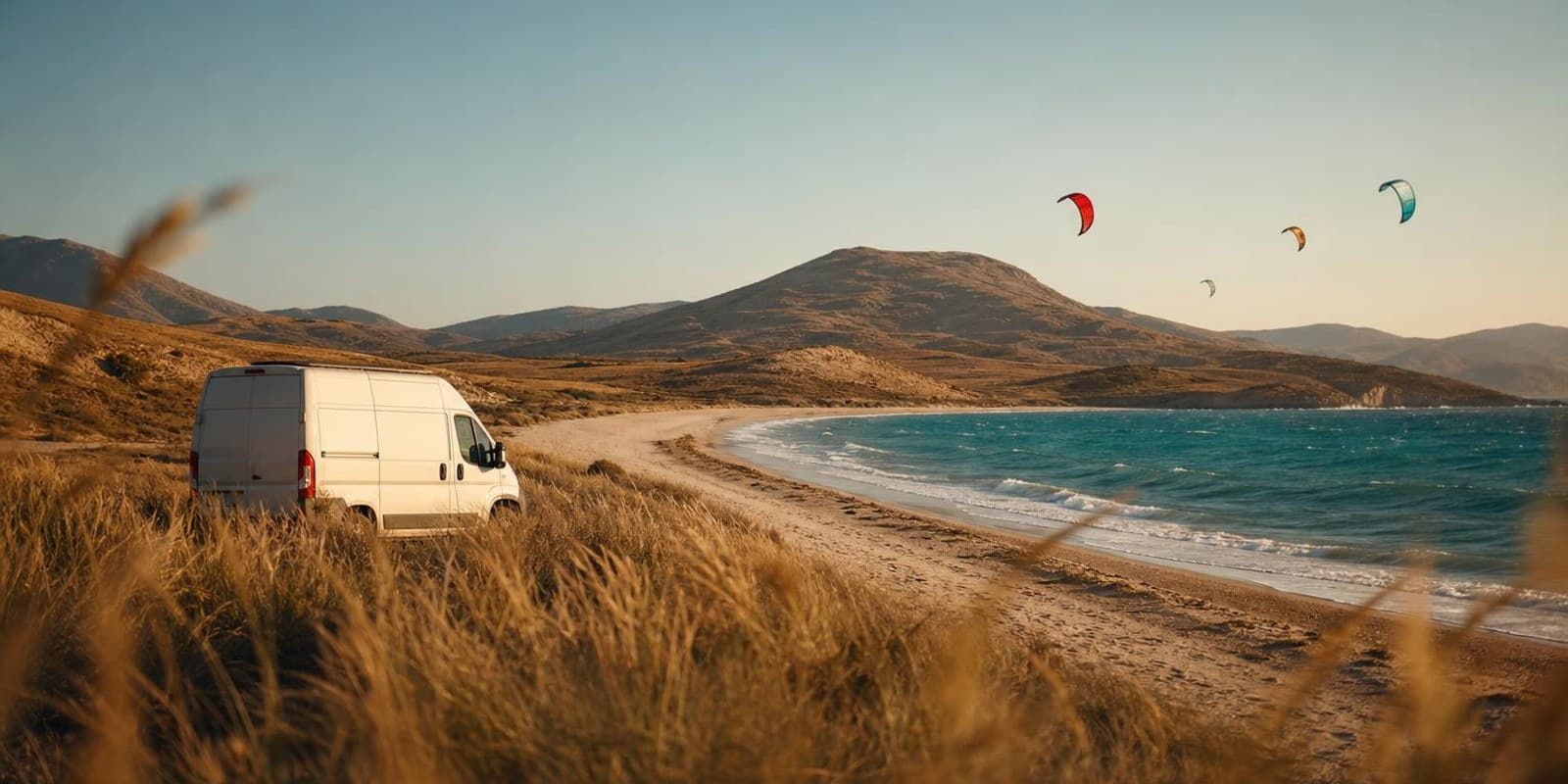 Weite stille Bucht auf Limnos mit wenigen Kites ueber flachem tuerkisem Wasser.