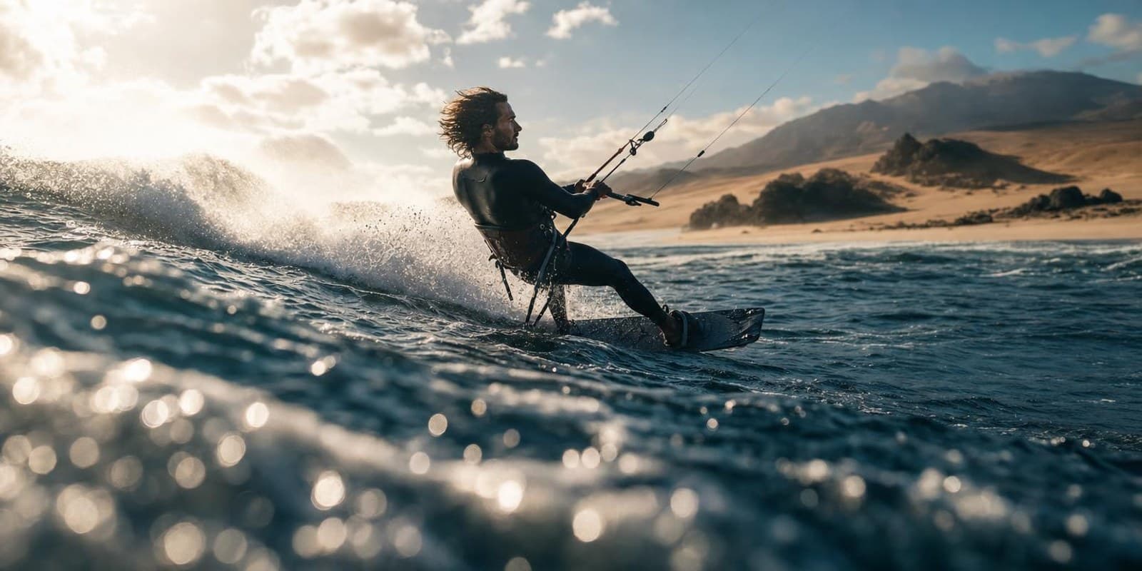 Ein Kitesurfer faehrt bei kraeftigem Passatwind durch Atlantikwellen vor einem Strand mit dunklem Vulkangestein.