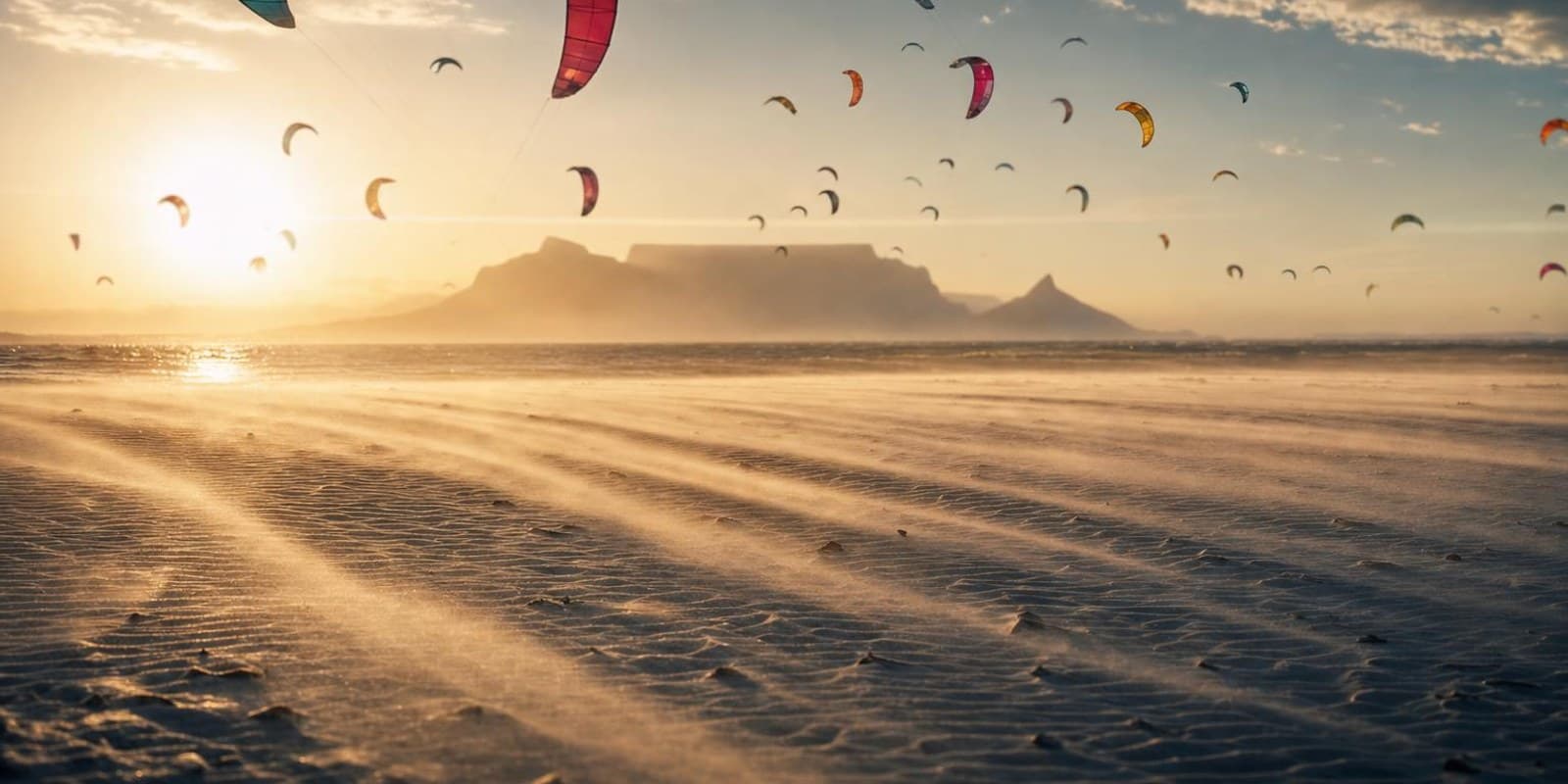 Zahllose Kites steigen ueber einem langen weissen Strand auf, waehrend Wind Sand ueber den Boden treibt.