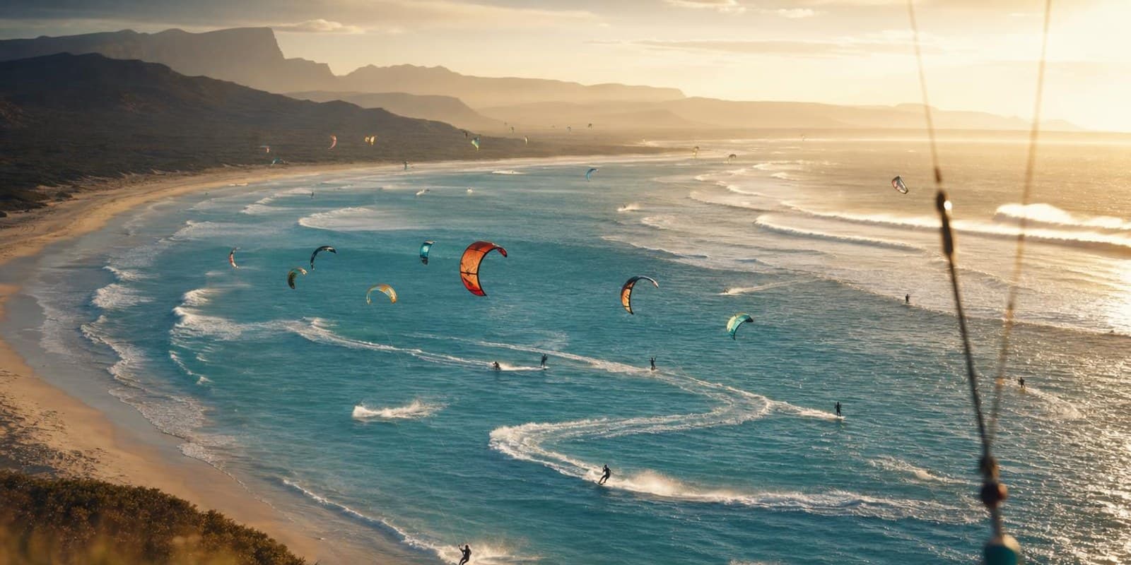 Dutzende bunte Kites fliegen ueber einer tuerkisen Kueste, auf dem Wasser ziehen Kitesurfer weisse Spuren.