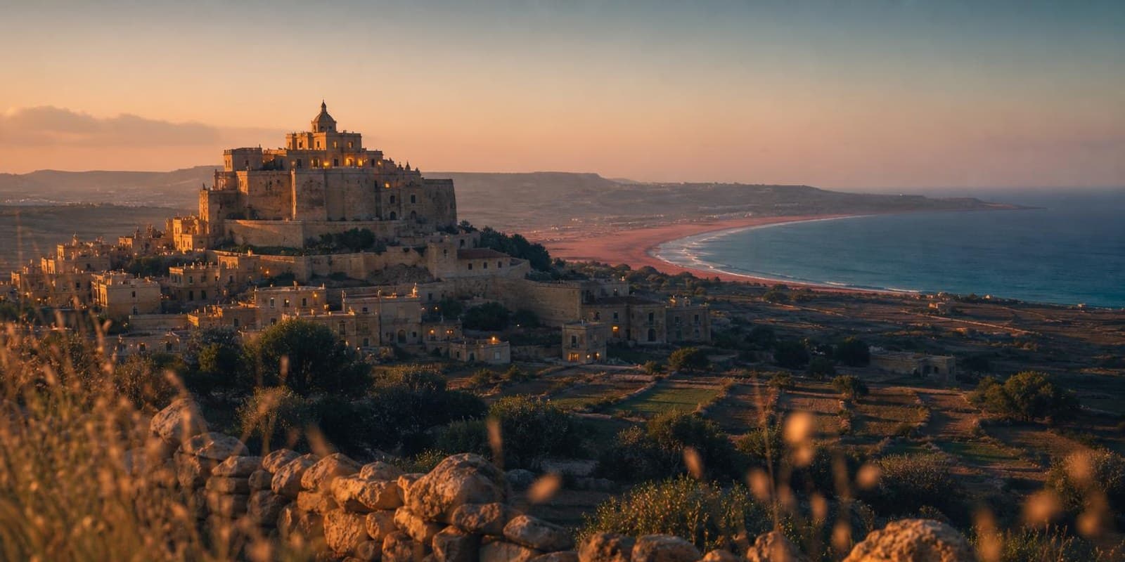 Zitadelle auf Gozo ueber Feldern, dahinter eine Bucht mit rotem Sand am blauen Meer.