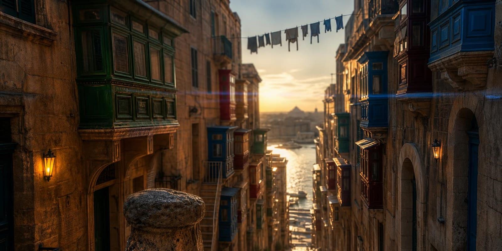 Steile Kalksteingasse in Valletta mit bunten Holzbalkonen und Blick zum Hafen.