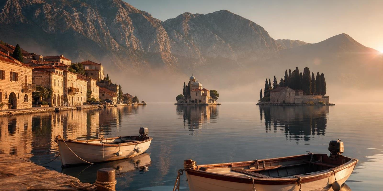 Steinstadt Perast am ruhigen Ufer der Bucht von Kotor mit zwei Kircheninseln davor.