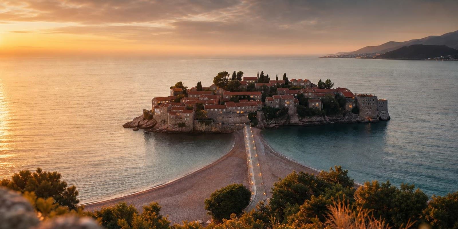 Inselort Sveti Stefan mit Damm und rosafarbenen Kiesstraenden im Abendlicht.