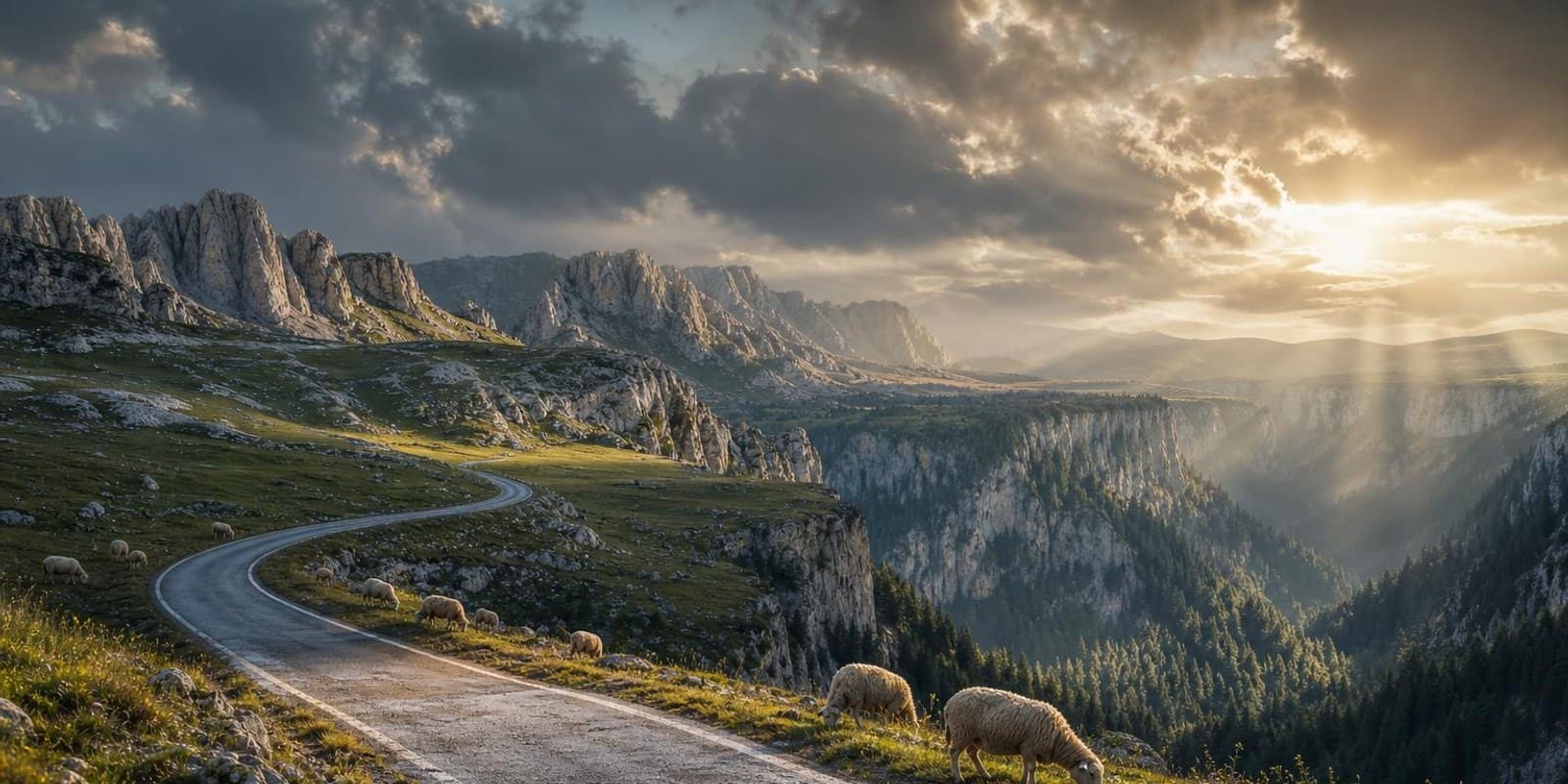 Panoramastrasse fuehrt ueber das Durmitor-Hochplateau, dahinter oeffnet sich die Tara-Schlucht.