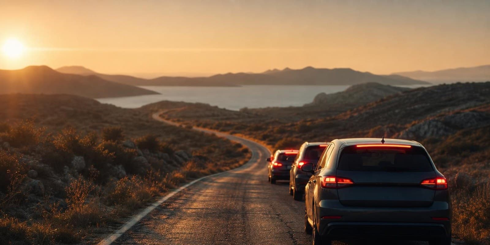 Wartende Autos auf einer einsamen Karststrasse im Morgenlicht vor der Grenze nach Montenegro.