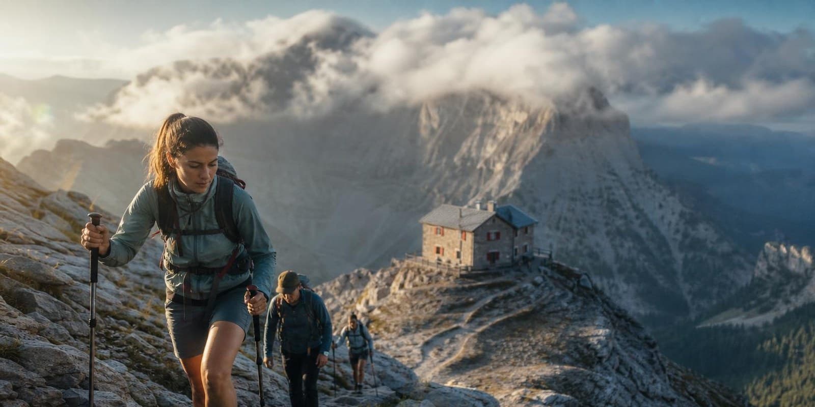 Wanderer steigen auf steinigem Pfad am Olymp empor, unter ihnen liegt eine Berghuette, oben ziehen Wolken.