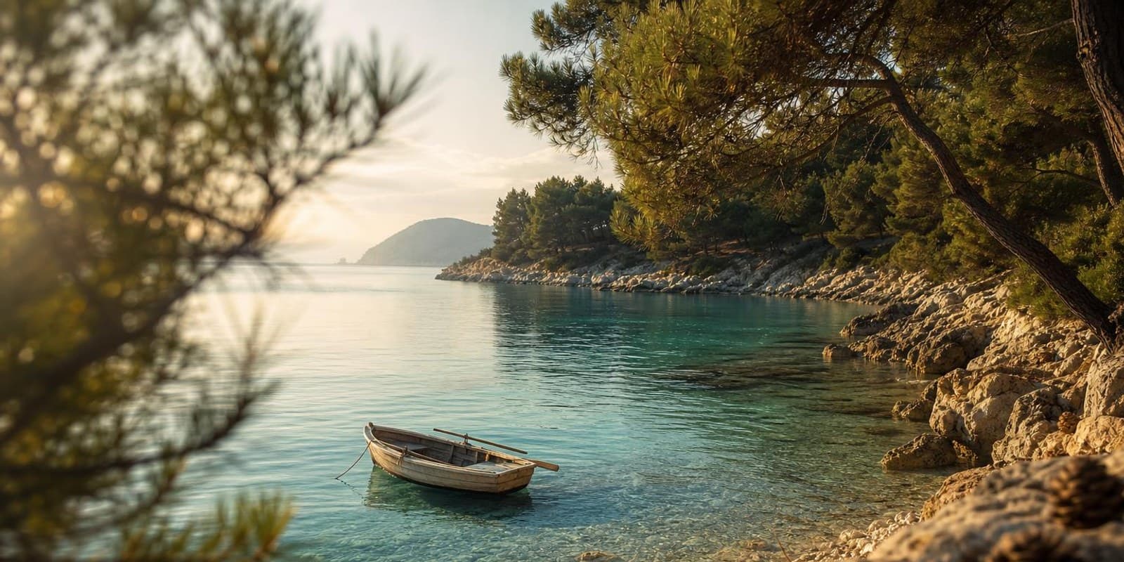 Kleine tuerkise Bucht auf Sithonia, Pinien neigen sich ueber das klare Wasser.