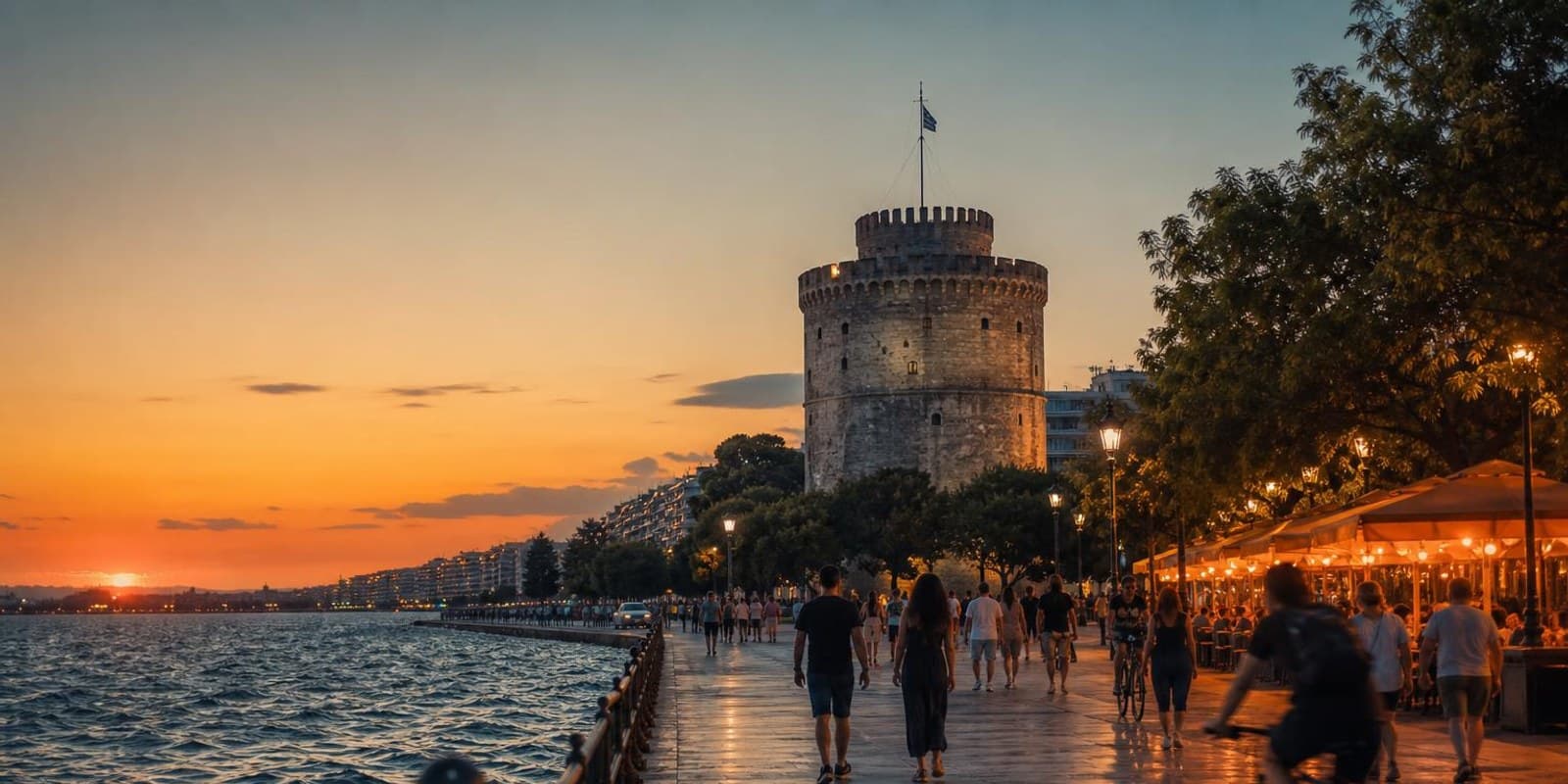 Abendliche Uferpromenade von Thessaloniki mit Spaziergaengern und dem runden Turm im Gegenlicht.