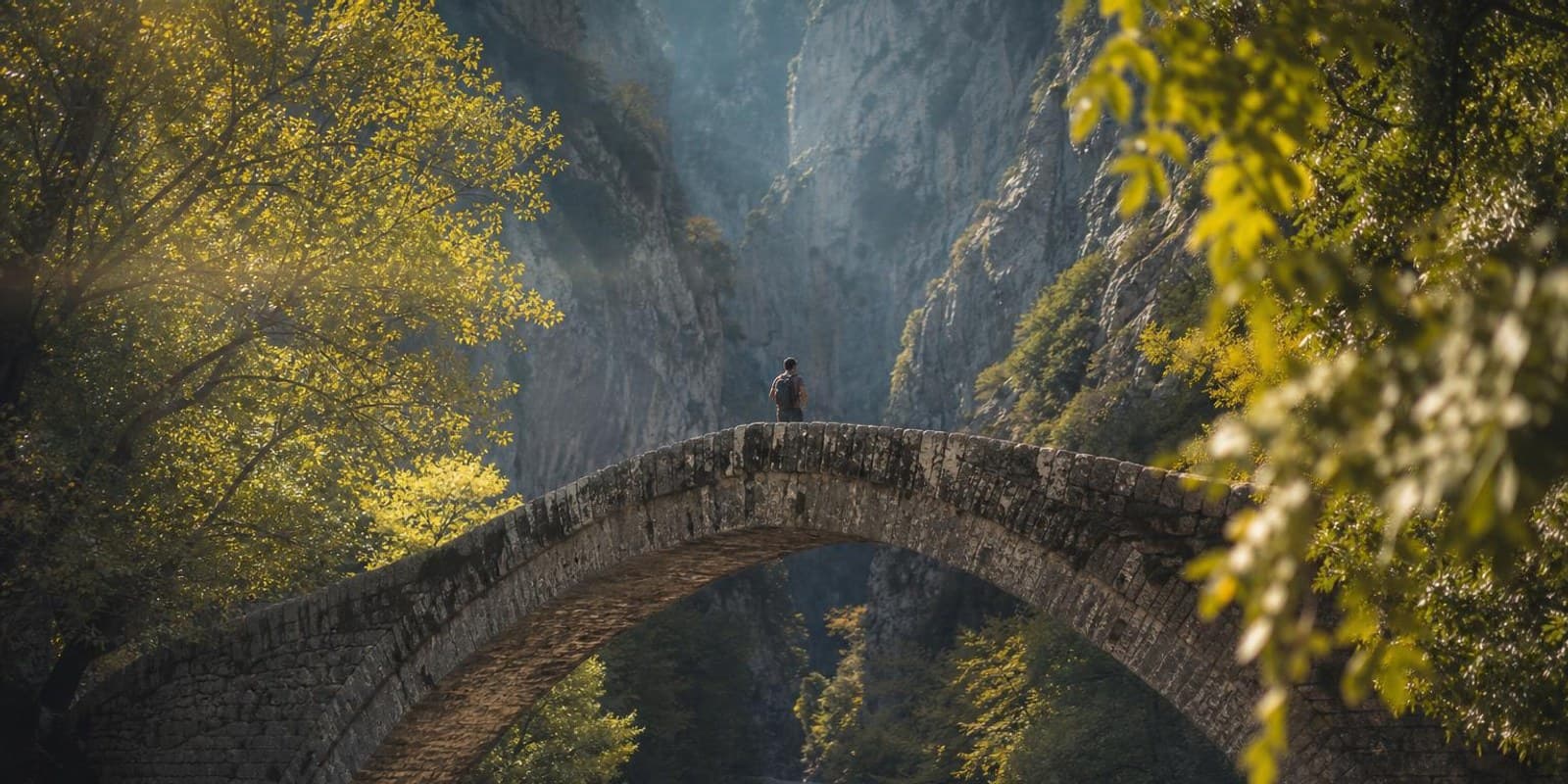 Wanderer ueberquert eine alte Steinbogenbruecke in Zagori, dahinter oeffnet sich die Schlucht.