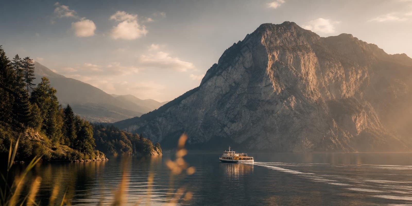 Grosser Salzkammergutsee mit steil aufragendem Felsberg am Ufer und einem Schiff auf ruhigem Wasser.