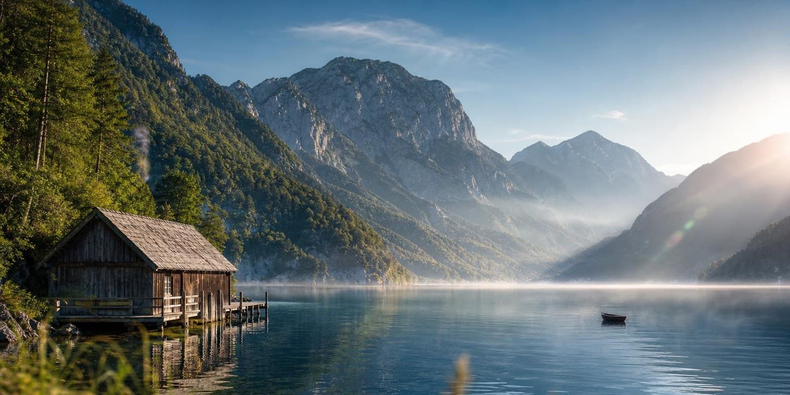 Weiter Blick ueber einen tiefblauen Salzkammergutsee mit bewaldeten Haengen und hellen Felsgipfeln.