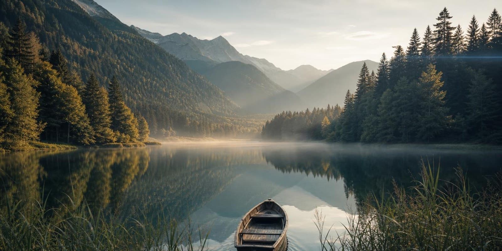 Stiller Hoehensee in Kaernten mit bewaldeten Ufern ohne Strasse und einem einzelnen Ruderboot.