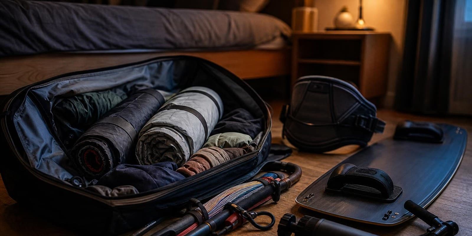 Offenes Kite-Boardbag beim Packen mit zwei Kites, Board, Bar und Dokumententasche daneben.