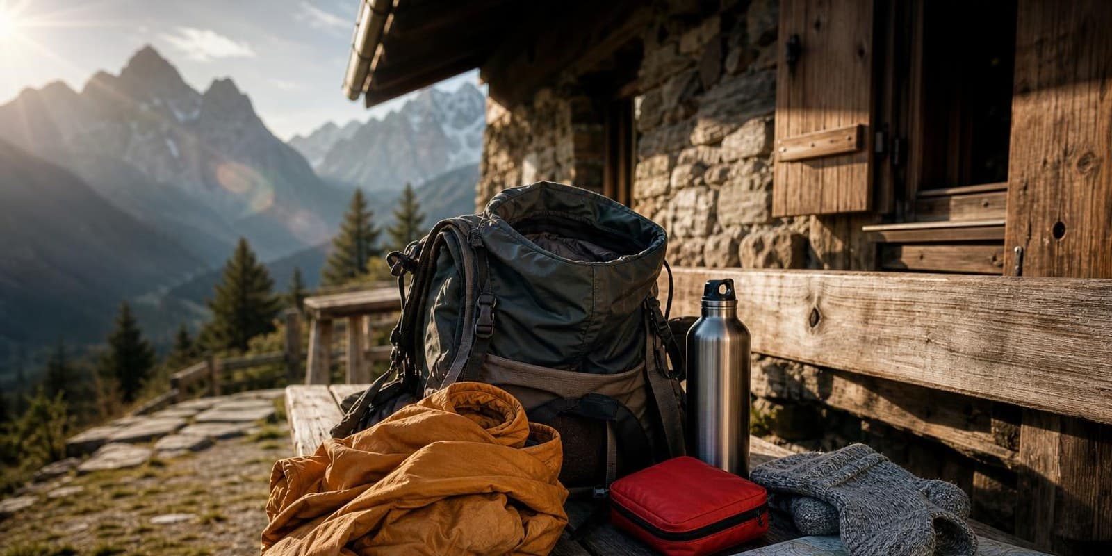 Wanderrucksack wird vor einer Berghuette gepackt, Ausruestung liegt sortiert daneben.