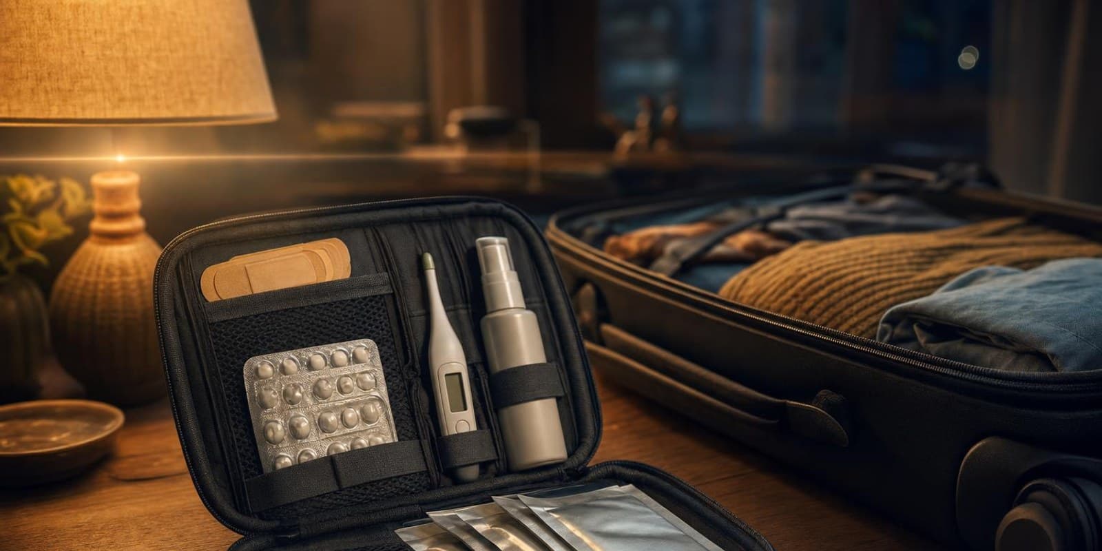 Eine geoeffnete Reiseapotheke mit Pflastern, Tabletten und Thermometer liegt neben einem halb gepackten Koffer.