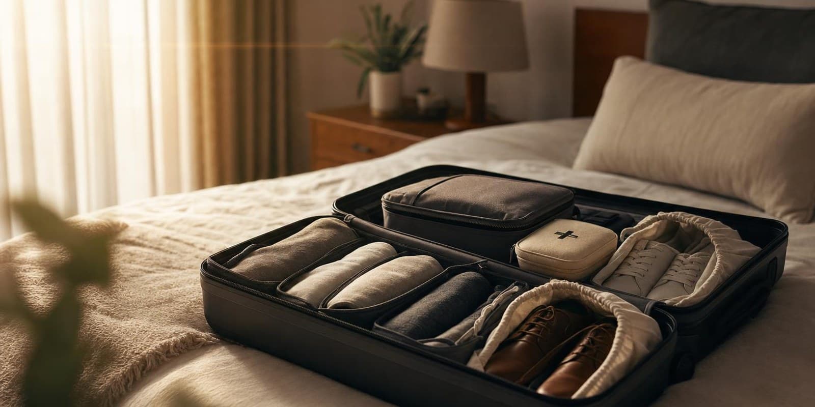 Ein offener Koffer auf dem Bett, ordentlich gepackt mit Rollkleidung in Wuerfeln und sortierten Beuteln.