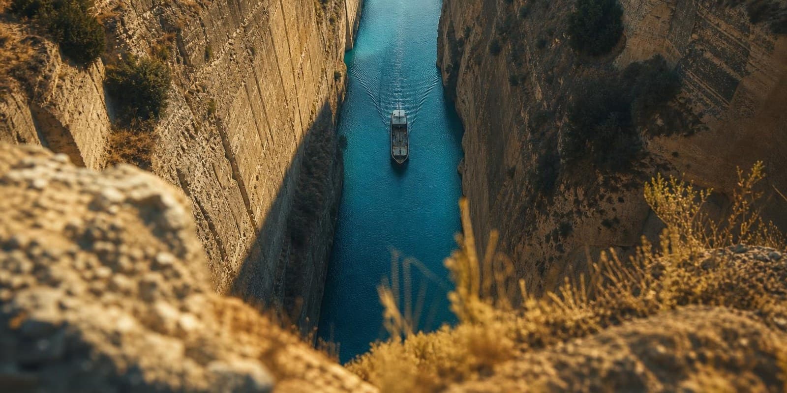 Blick senkrecht hinab in den schmalen Kanal von Korinth, in dem ein kleines Schiff faehrt.