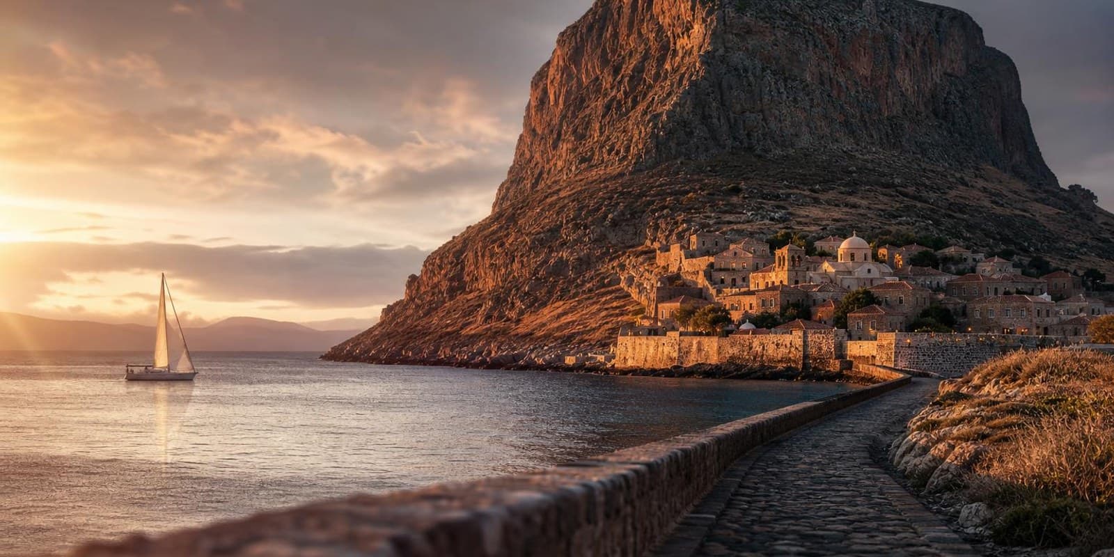 Der Felsen von Monemvasia erhebt sich aus dem Meer, an seinem Fuss duckt sich die versteckte Altstadt.
