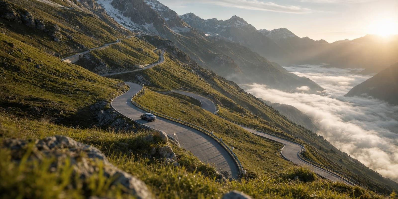 Eine Passstrasse windet sich in engen Serpentinen einen gruenen Alpenhang hinauf, ein einzelnes Auto faehrt bergwaerts.