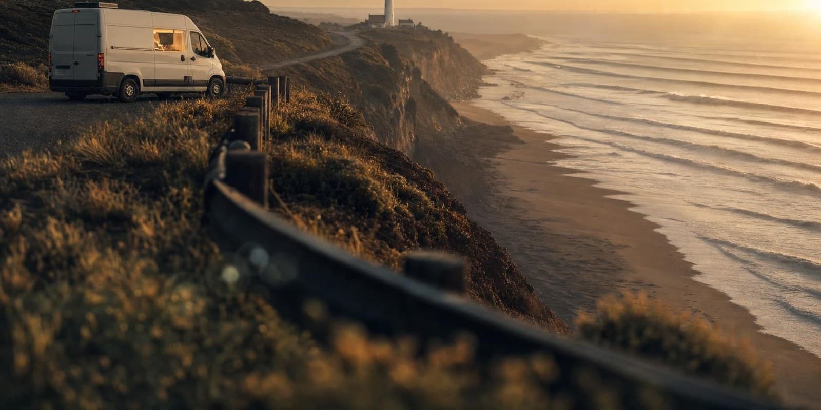 Steile Atlantikklippen mit Leuchtturm und Surferstrand, an der Kuestenstrasse steht ein Campervan am Aussichtspunkt.