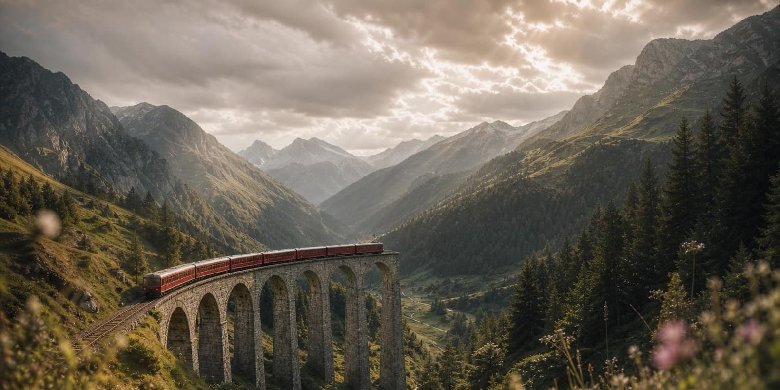 Roter Schmalspurzug faehrt in einer Kurve ueber ein hohes Steinviadukt in einem Alpental.