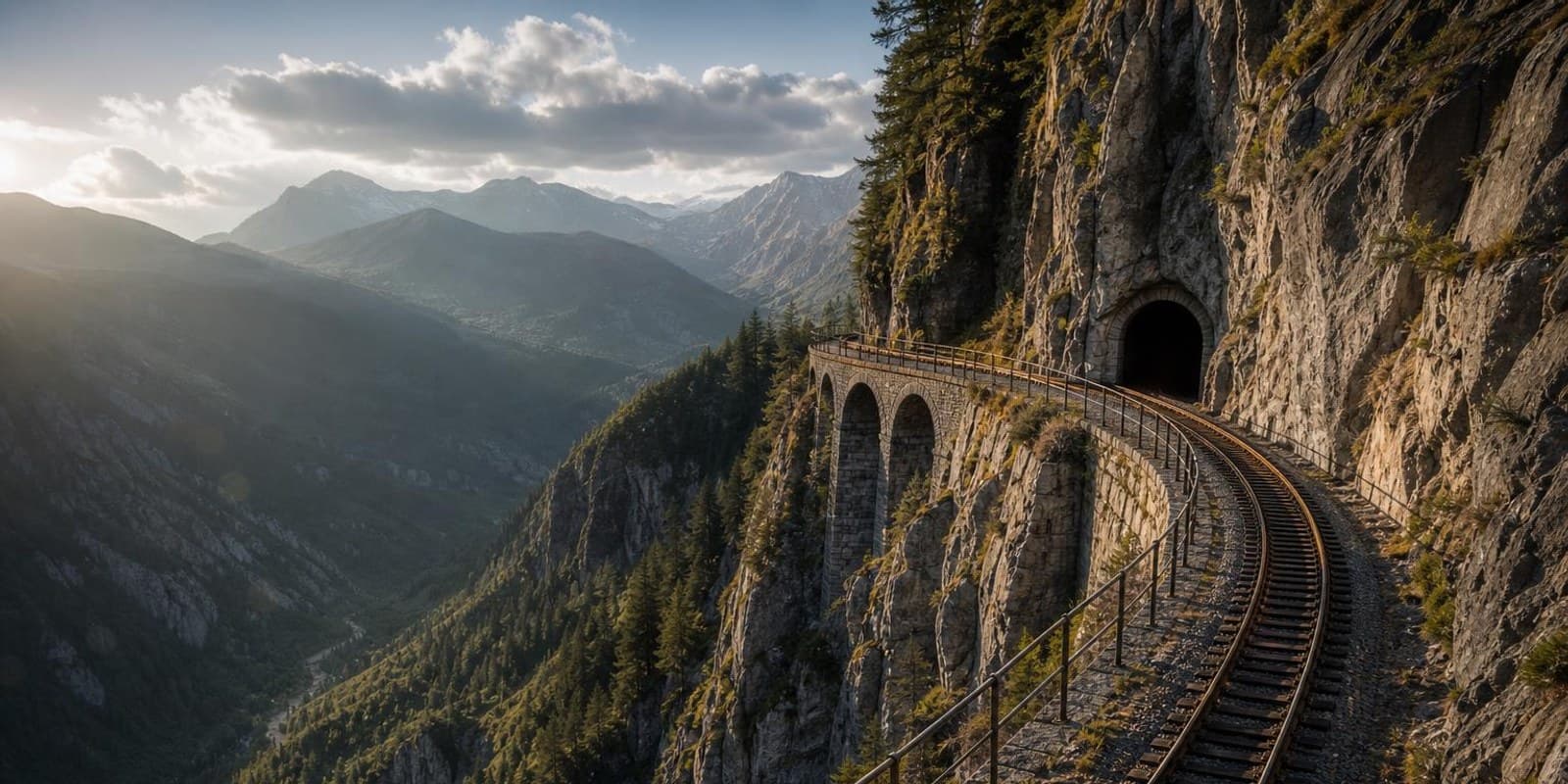 Bergbahnstrecke schmiegt sich hoch ueber dem Tal an eine Felswand und verschwindet in einem Tunnel.