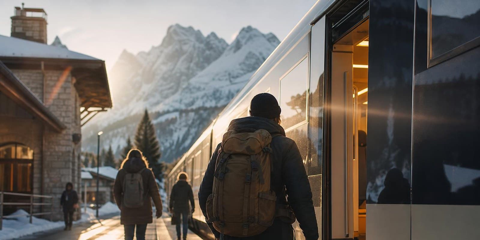 Reisender steigt am Bahnsteig eines Schweizer Bergbahnhofs vor schneebedeckten Gipfeln in den Zug.