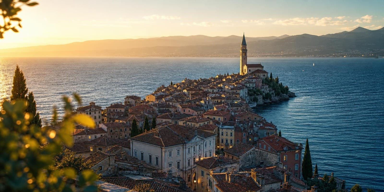 Blick von oben auf die Halbinsel von Piran mit roten Daechern und Glockenturm im Meer.