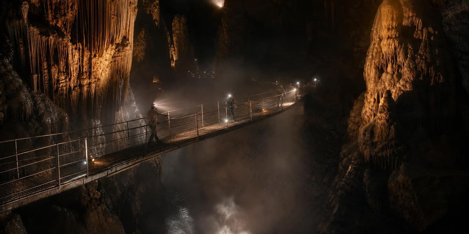 Schmale Bruecke fuehrt Besucher durch eine riesige Karsthoehle ueber eine dunkle unterirdische Schlucht.