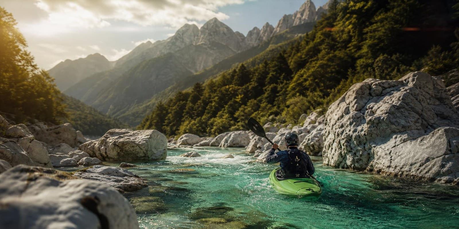 Kajakfahrer paddelt auf dem smaragdgruenen Wasser der Soca zwischen weissen Kalkfelsen.