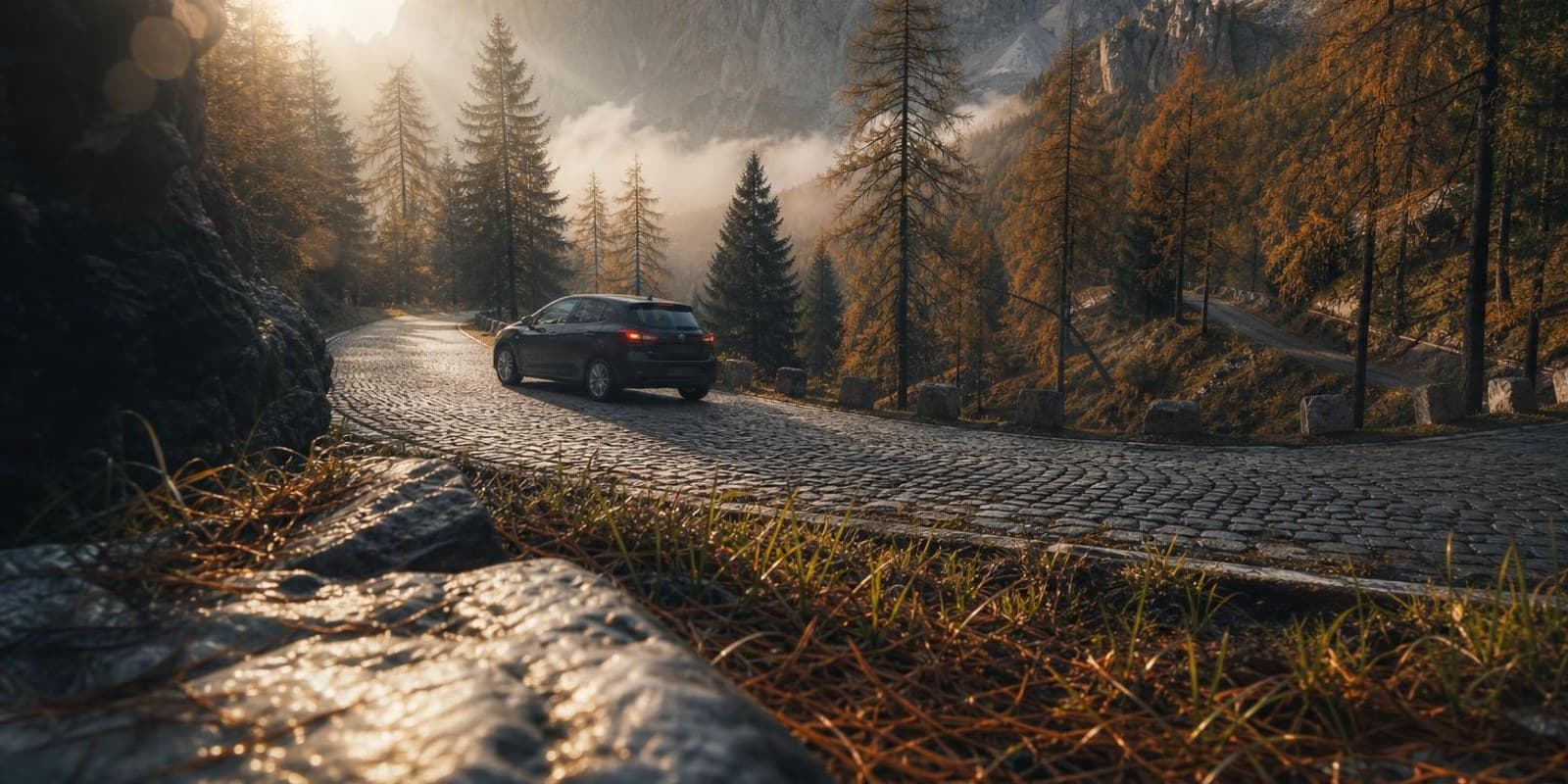 Kleine Passstrasse windet sich in Kehren durch Waelder hinauf in die Julischen Alpen.