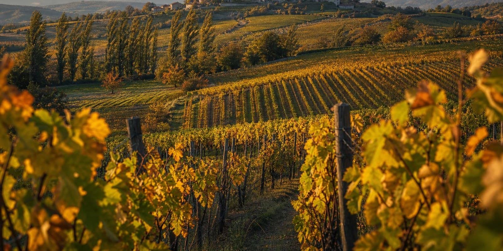 Weinberge im Vipava-Tal, auf einer Huegelkuppe thront ein Steindorf mit Kirchturm im Herbstlicht.