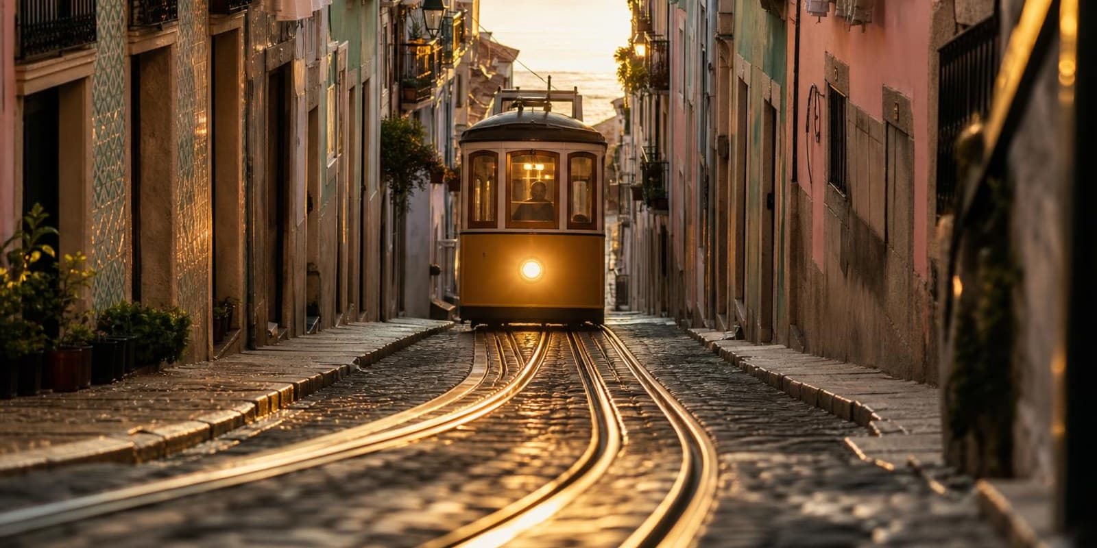 Gelbe Strassenbahn klettert eine steile Gasse Lissabons mit Blick zum Fluss hinauf.