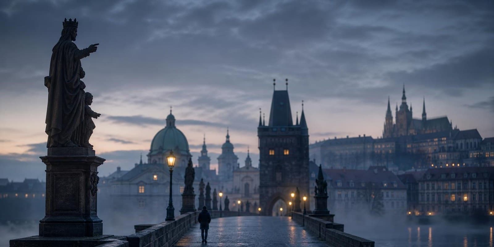 Karlsbruecke im Morgennebel mit Statuen und der Prager Burg im Hintergrund.
