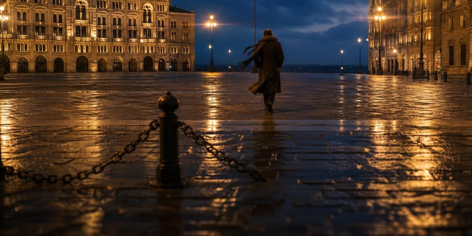 Der grosse Platz von Triest oeffnet sich am Abend direkt zum Meer, die Fassaden leuchten im Lampenlicht.