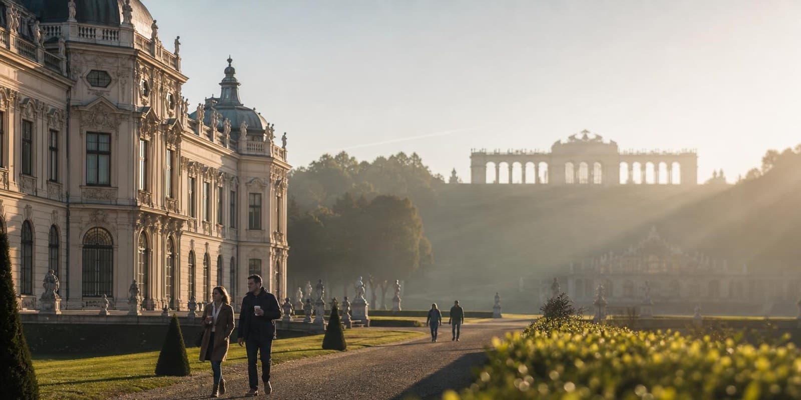 Barockes Schloss mit Gartenanlage in Wien im ruhigen Morgenlicht.