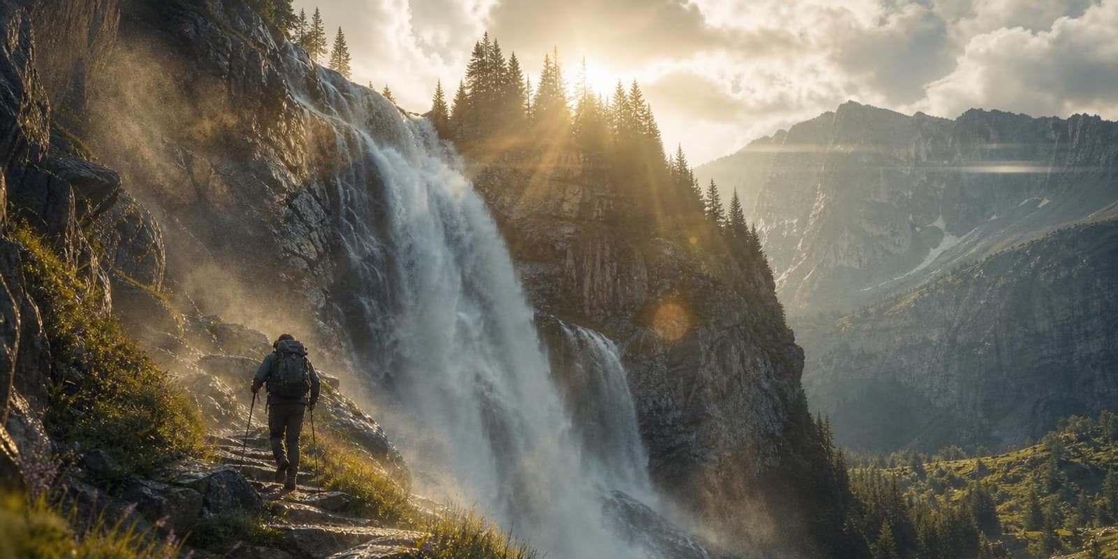 Hoher Wasserfall stuerzt in ein weites Alpental, ein Wanderer geht im Spruehnebel den Weg hinauf.