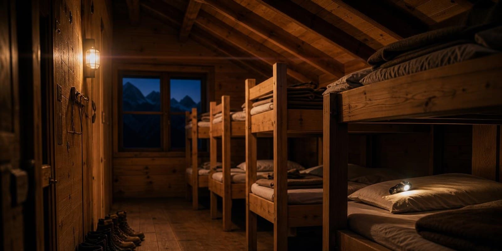 Einfaches Matratzenlager einer Berghuette mit Holzbetten, Decken und Stirnlampe am Kopfkissen.