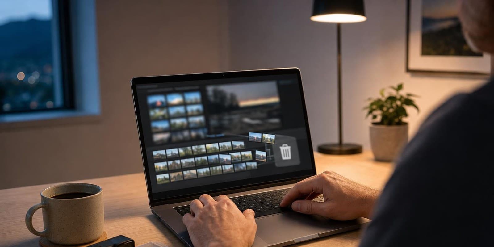 Eine Person schneidet abends am Laptop Actioncam-Material, neben der Tastatur liegen Kamera und Speicherkarten.